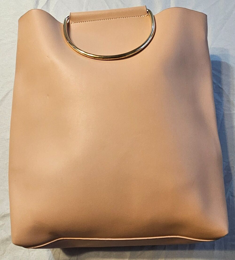 Madison West Vegan Leather Bucket Tote Bag Metal Ring Circle Top Handle Peach